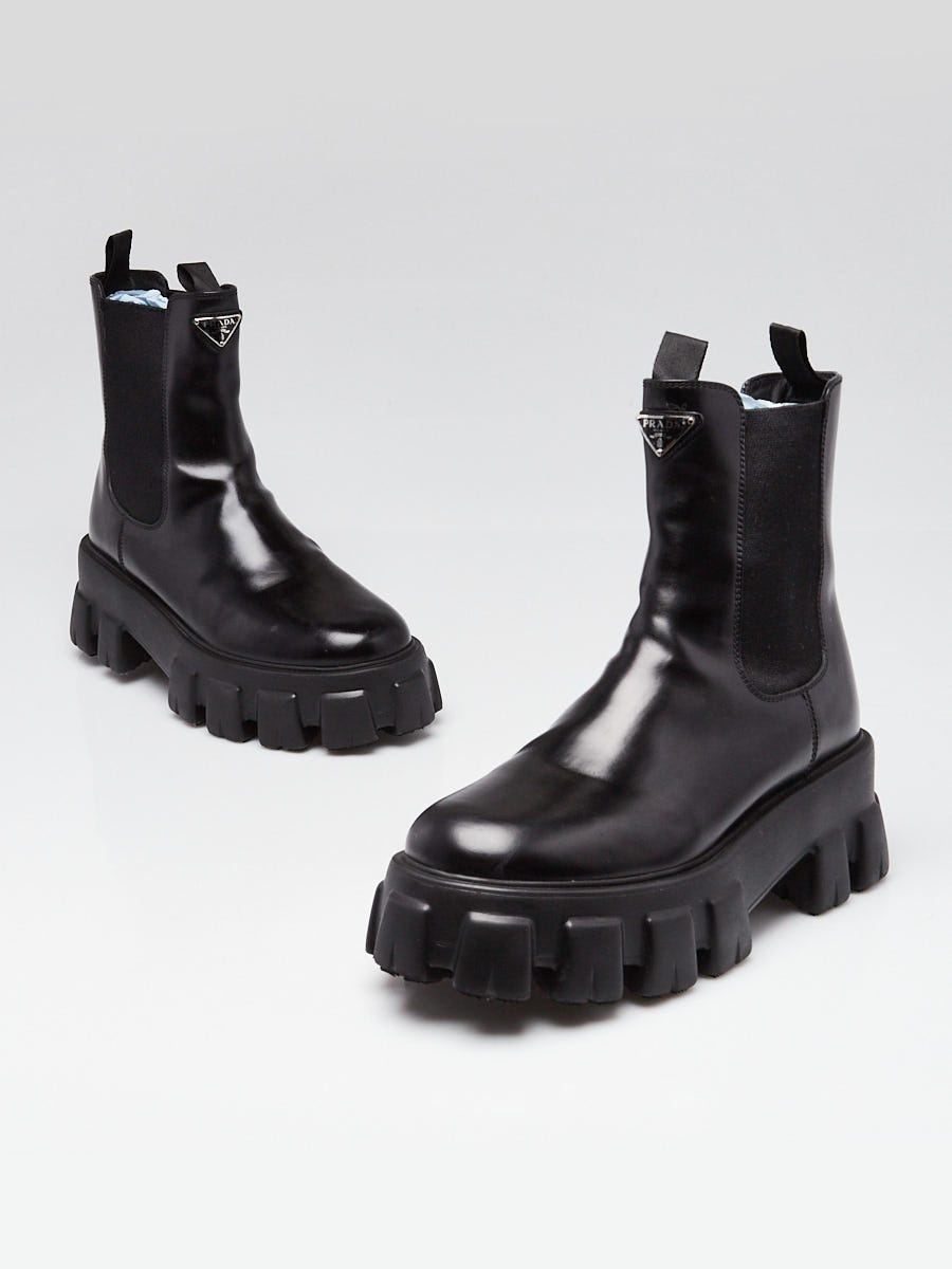 Prada Black Brushed Leather Monolith Chelsea Boots Size 9.5/40