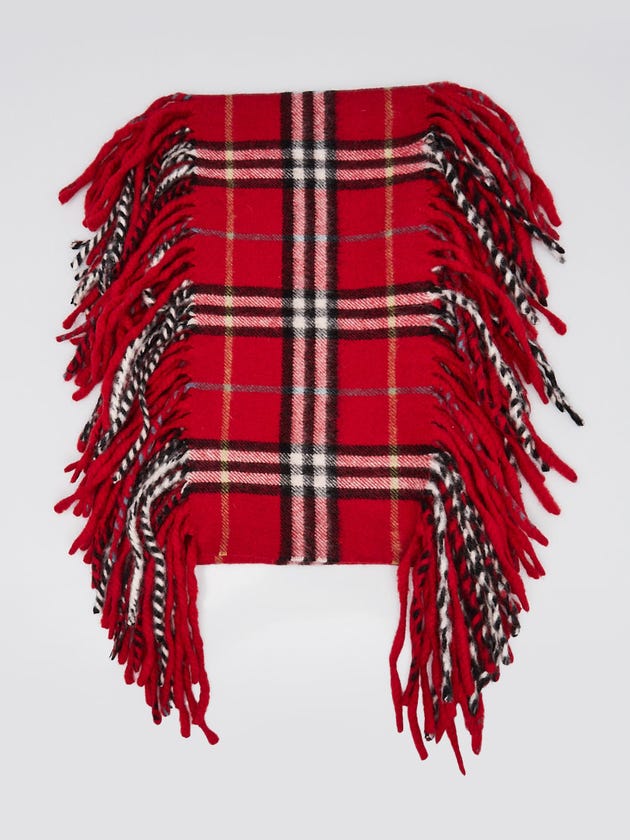 Burberry Red Plaid Check Cashmere Fringe Scarf