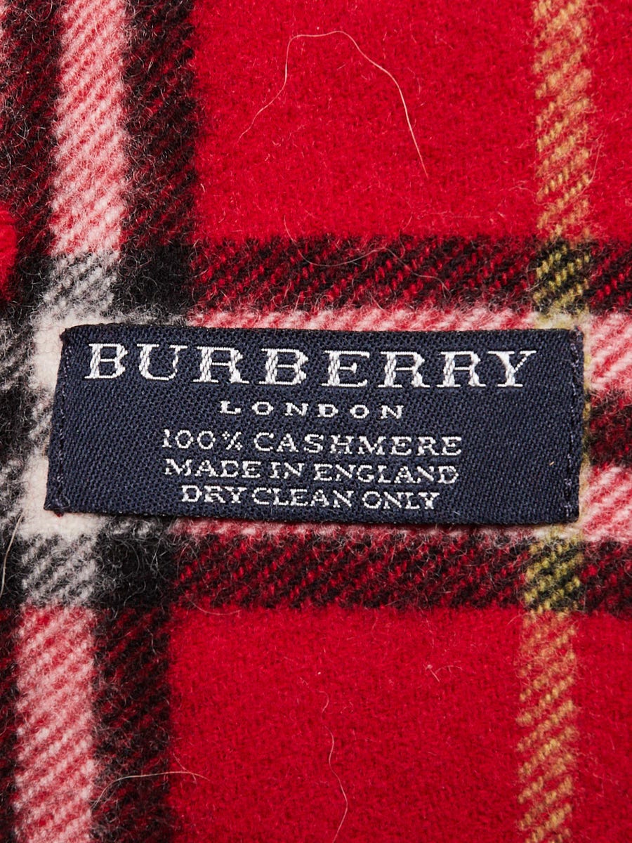 Burberry Red Plaid Check Cashmere Fringe Scarf
