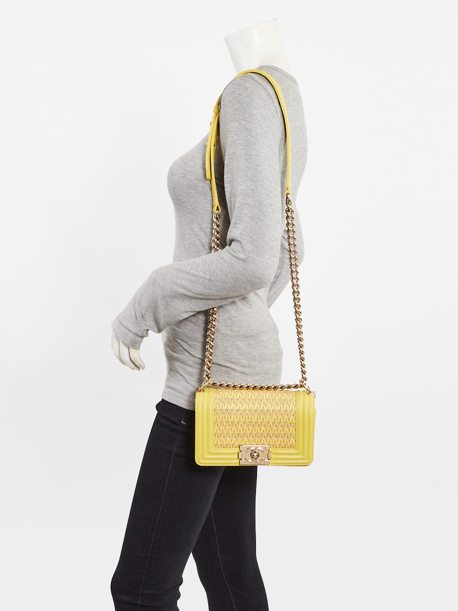 Chanel Yellow Woven Raffia and Lambskin Leather Medium Boy Bag