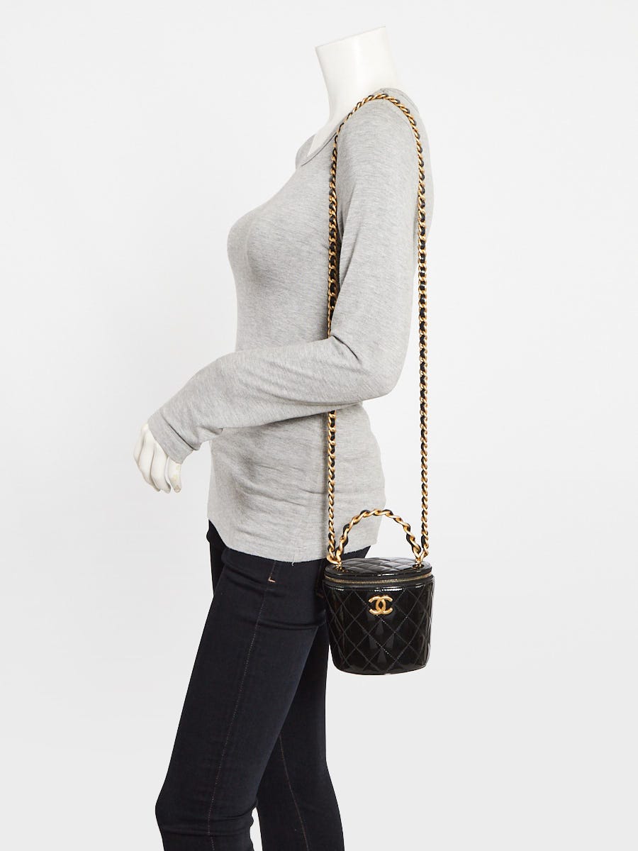 Chanel Black Quilted Patent Leather Afternoon Tea Top Handle Vanity Case With Chain Bag