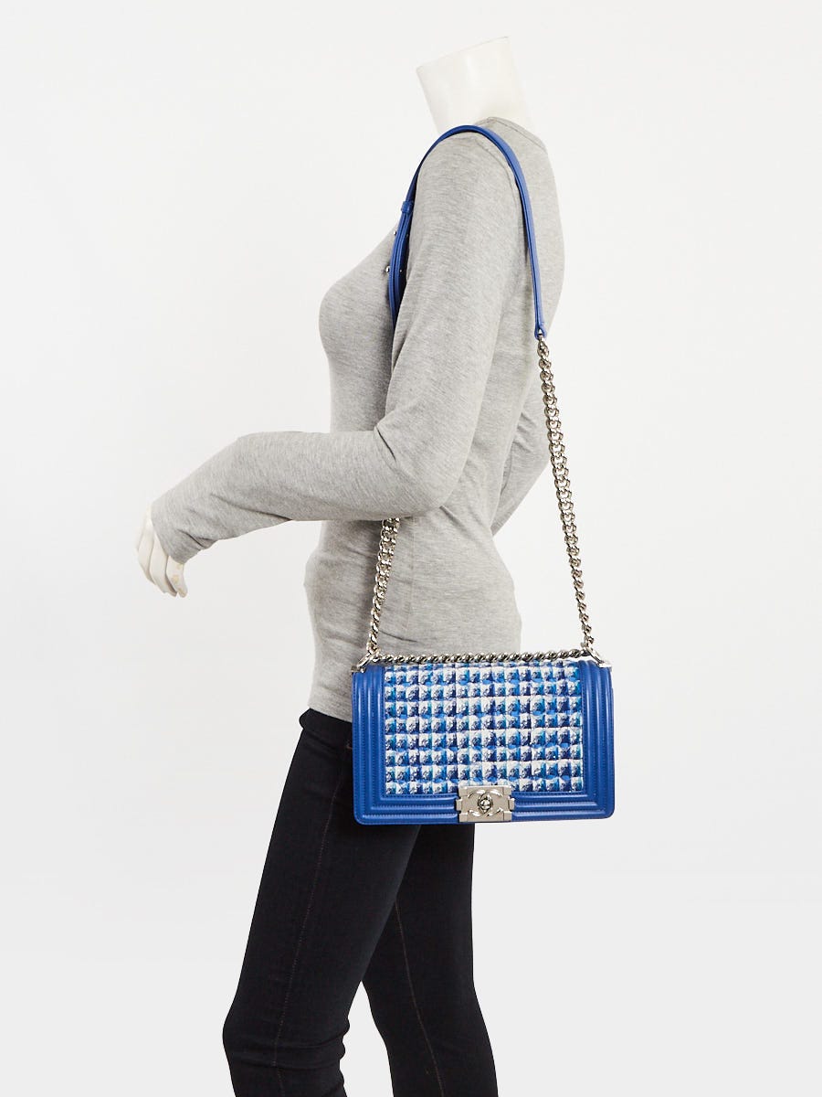 Chanel Blue/White Quilted Tweed and Leather Medium Boy Bag