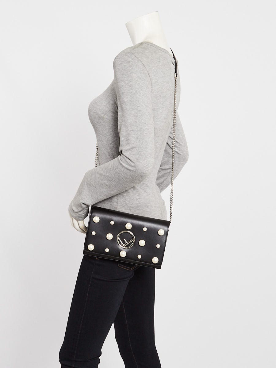 Fendi Black Leather Faux Pearl Wallet On Chain Clutch Bag 8BS004