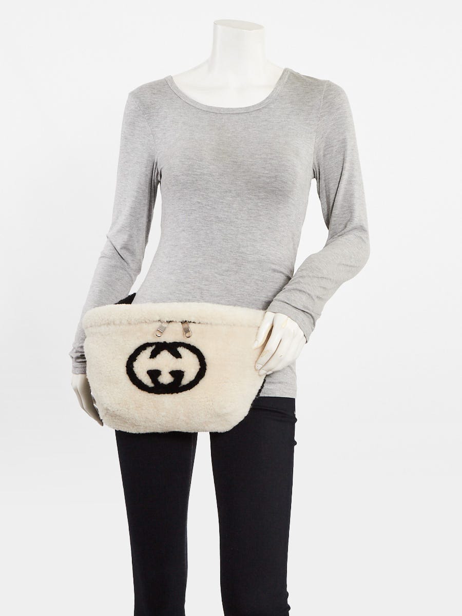 Gucci White/Black Shearling Interlocking Logo Large Belt Bag