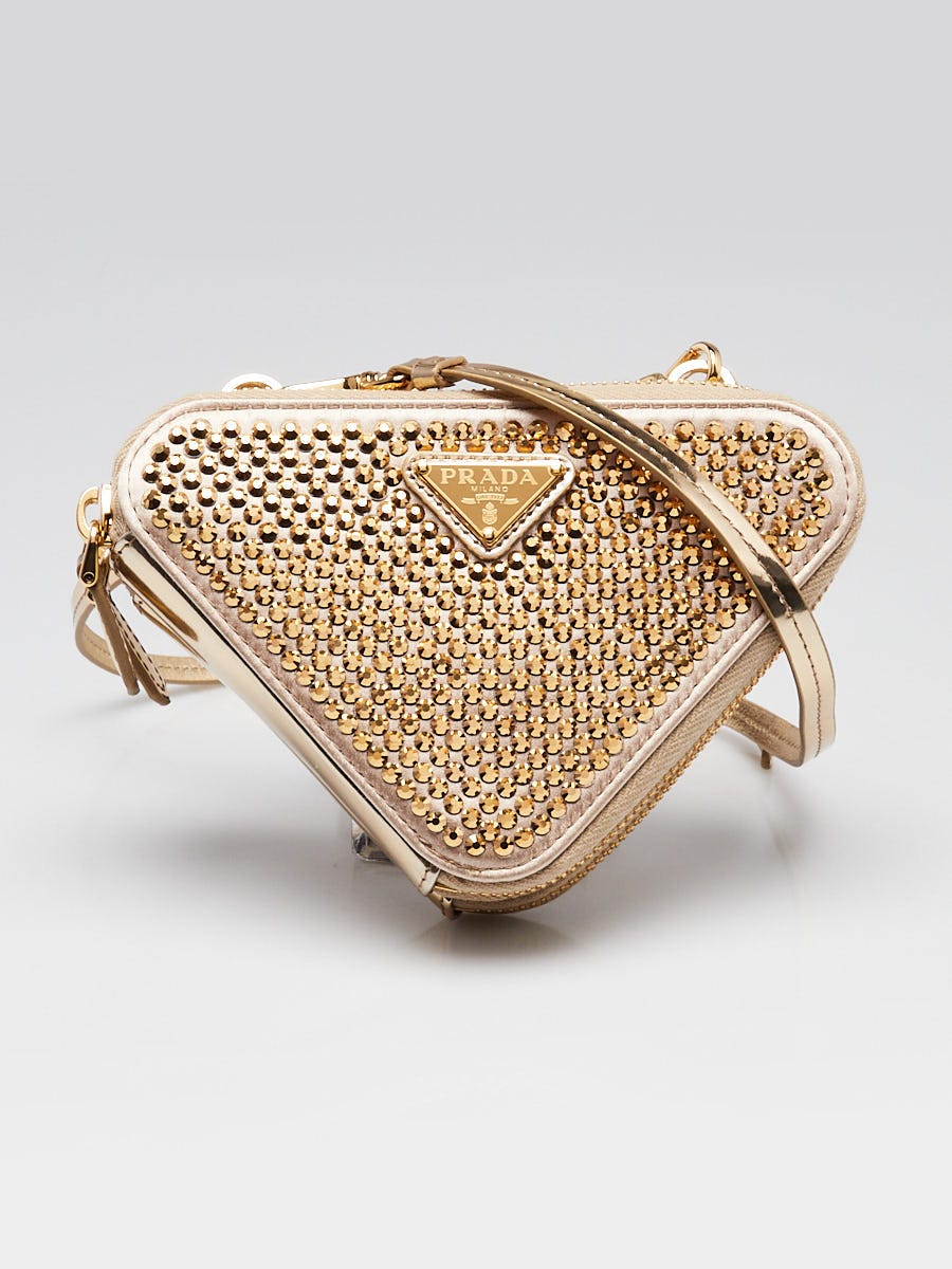 Prada Gold Satin Tessuto Re-Nylon and Crystal Triangle Mini Pouch