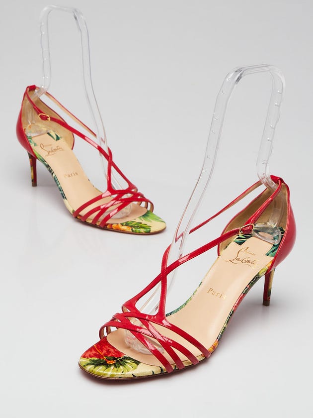 Christian Louboutin Red Hawaii Print Patent Leather Olydia Sandals Size 9.5/40