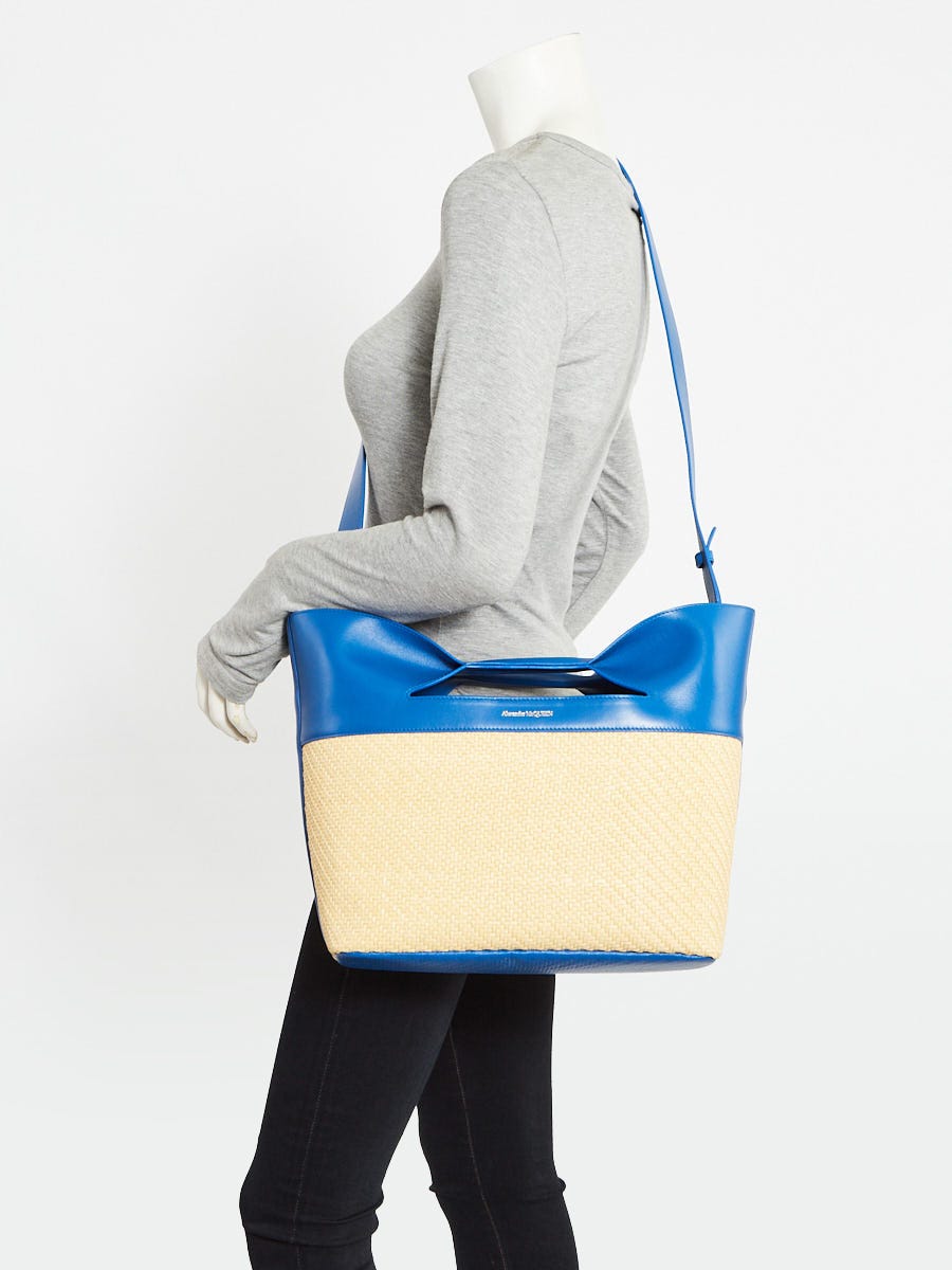 Alexander McQueen Natural/Electric Blue Leather and Straw Small Bow Tote Bag