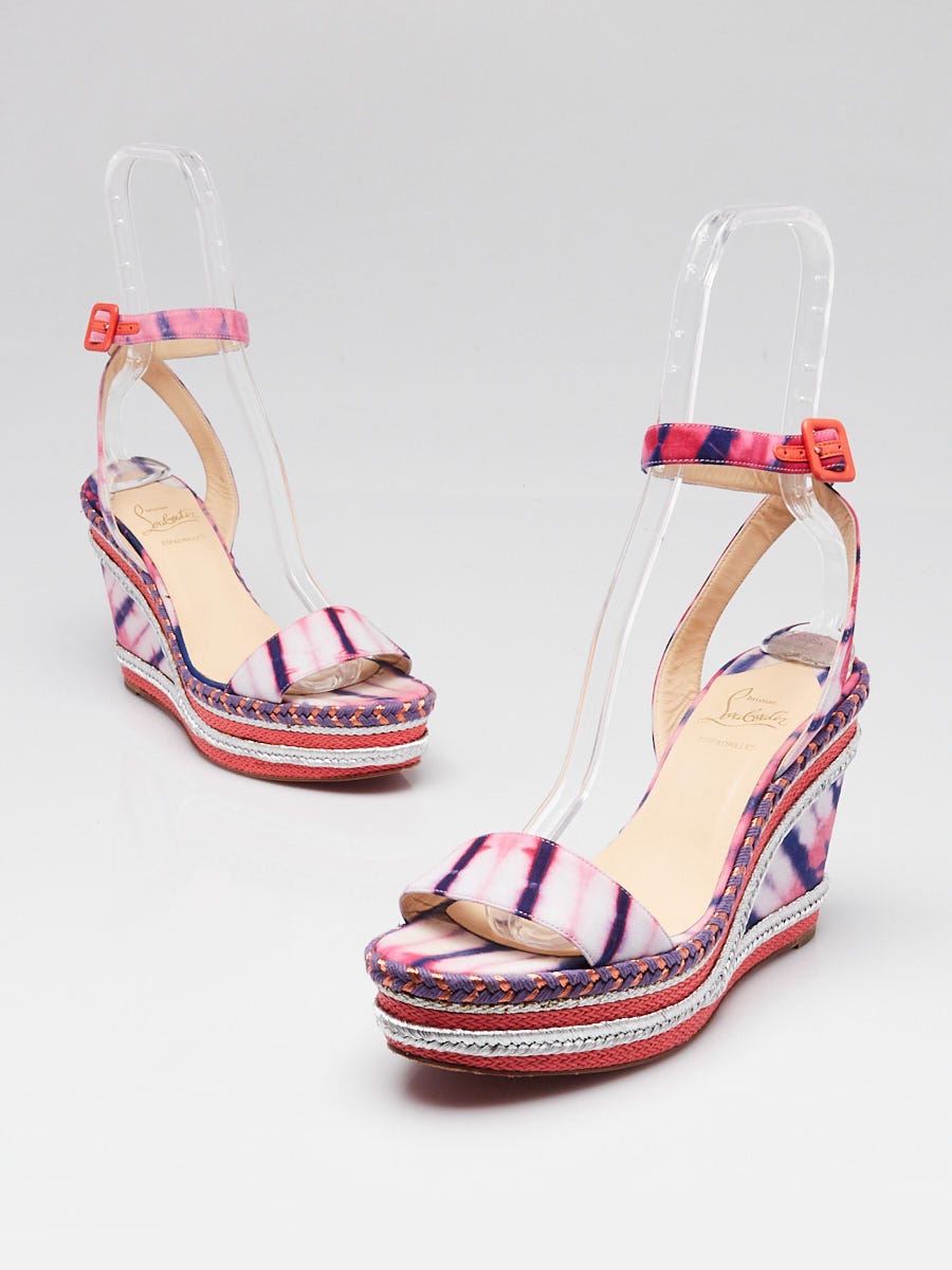 Christian Louboutin Blue/Pink Canvas Duplice 100 Wedges Size 8.5/39
