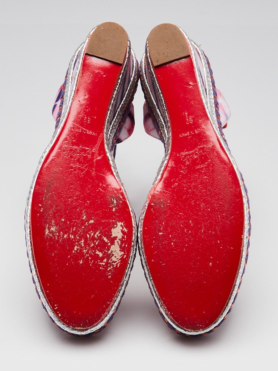 Christian Louboutin Blue/Pink Canvas Duplice 100 Wedges Size 8.5/39