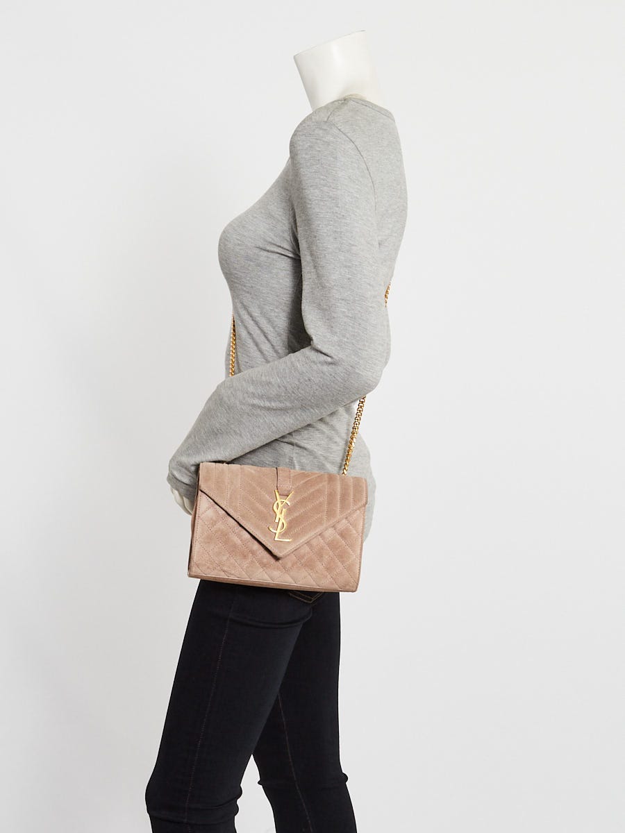 Yves Saint Laurent Taupe Chevron Tri Quilted Suede Envelope Small Crossbody Bag
