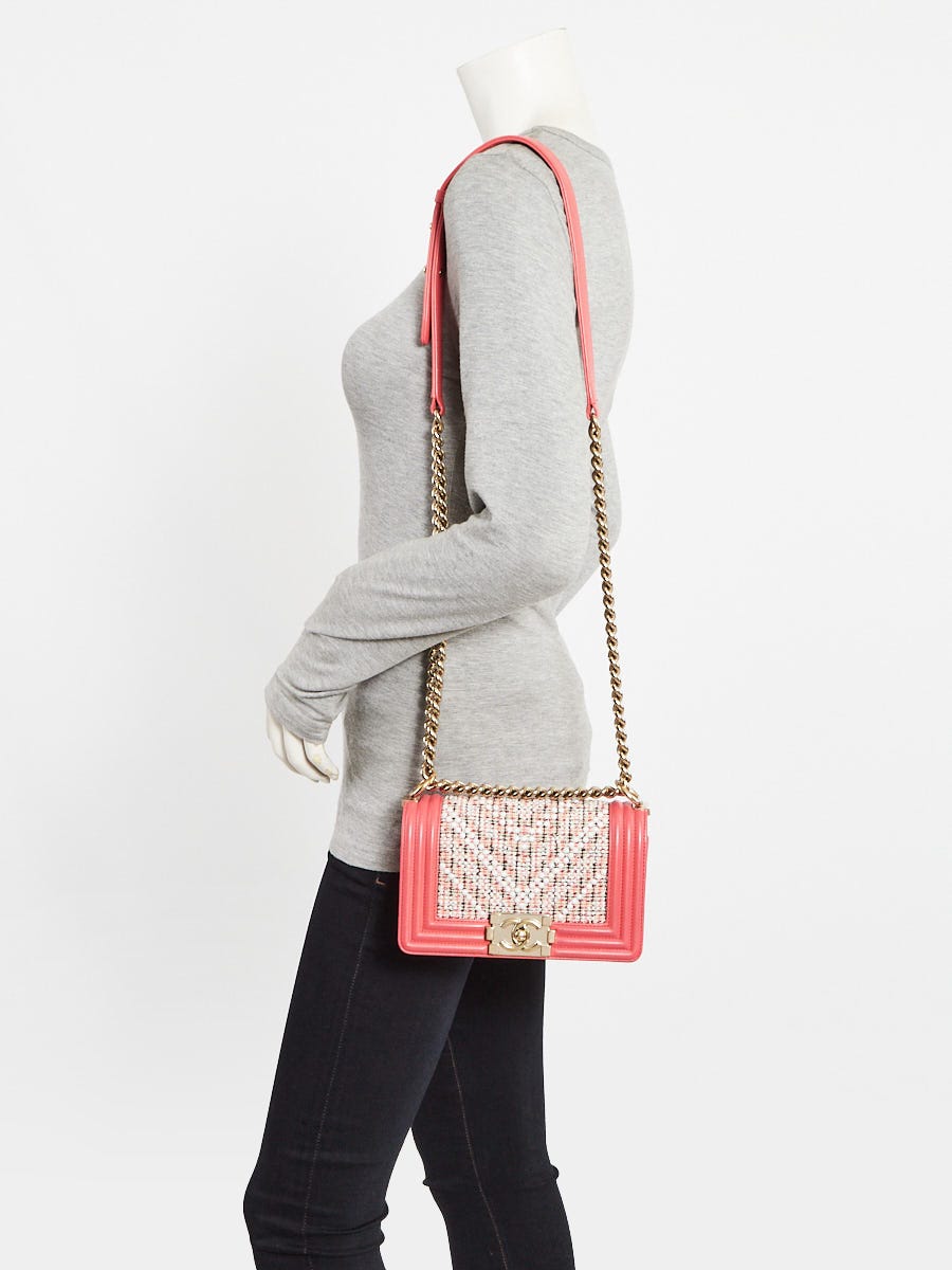 Chanel Pink/White Tweed and Faux Pearl Small Boy Bag