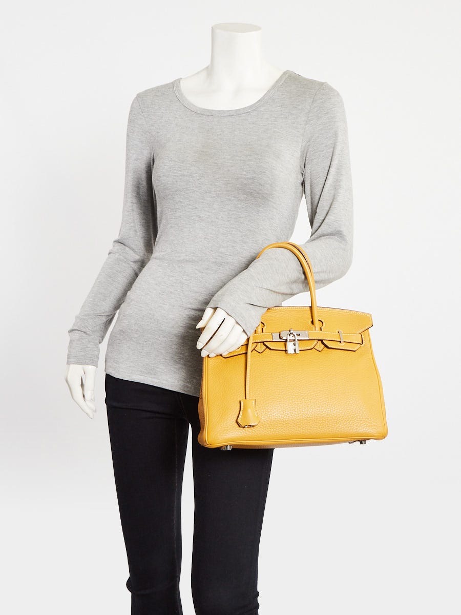 Hermes 30cm Curry Clemence Leather Palladium Plated Birkin Bag