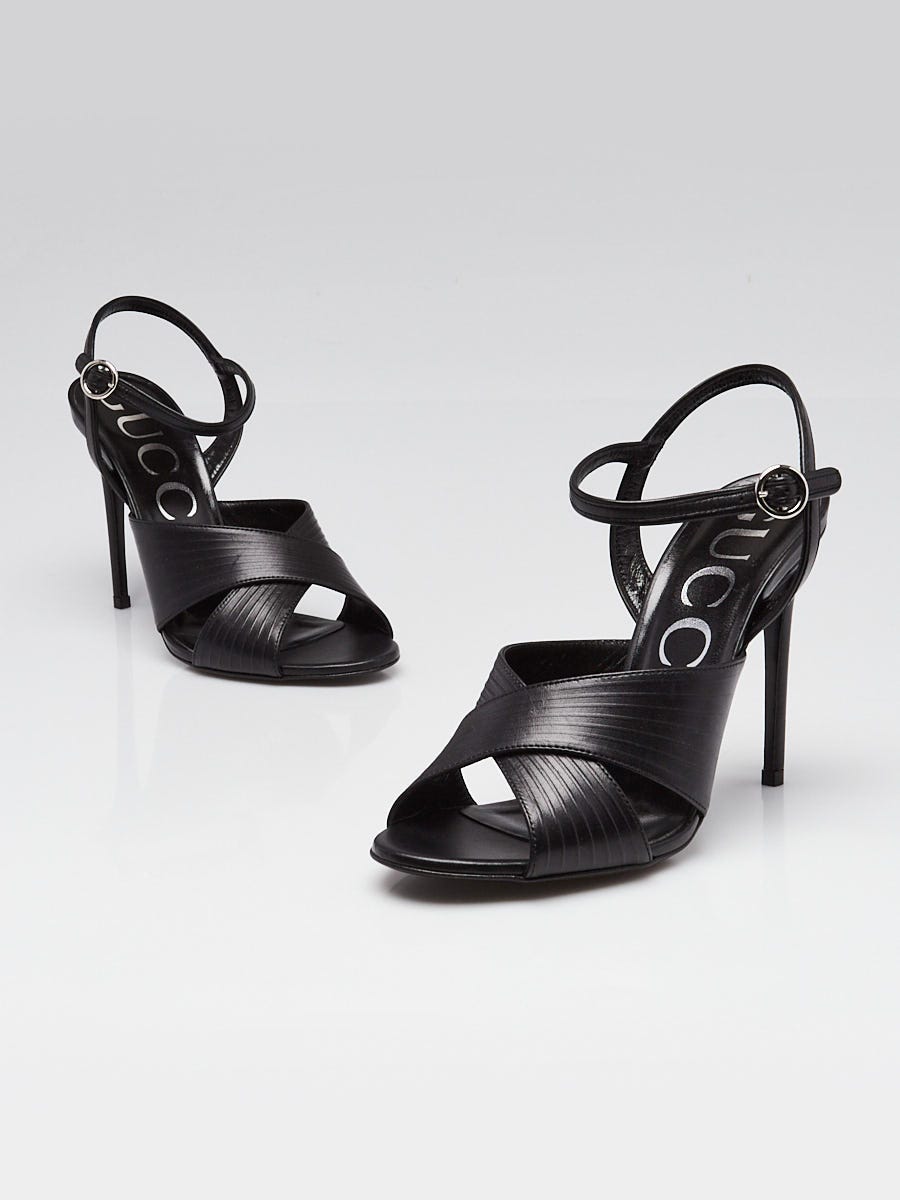 Gucci Black Leather Webby Crossover Heels Size 8.5/39 | Yoogi's Closet