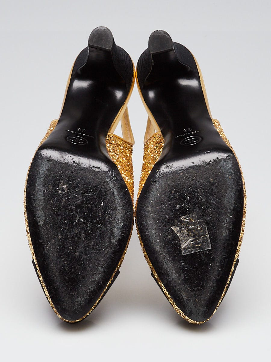 Chanel Gold Glitter Cap Toe Sling Back Pumps Size 5.5/36