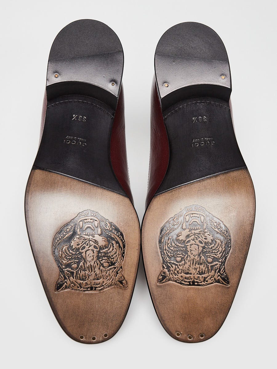 Gucci Red Leather Horsebit Chain Mid-Heel Loafers Size 8/38.5