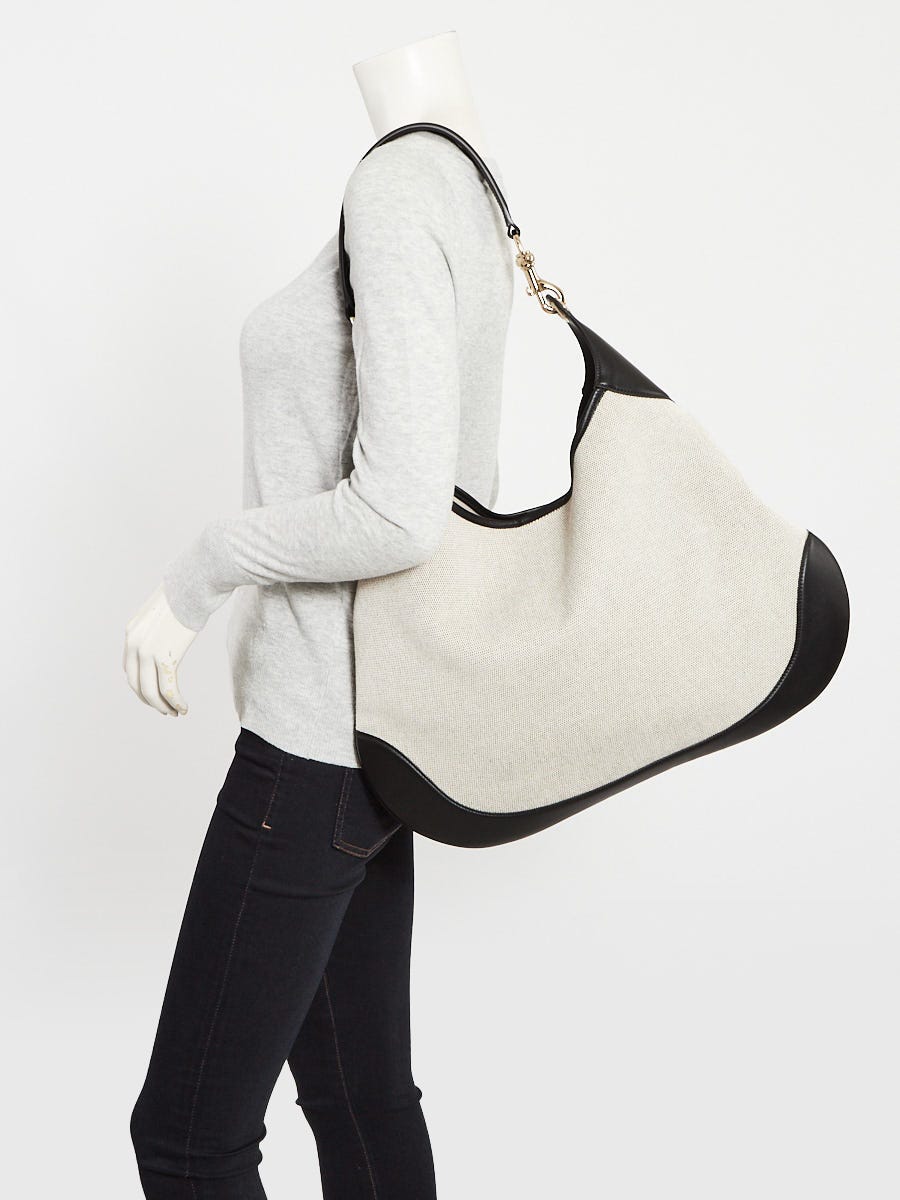 Gucci Black/Natural Leather and Canvas Leather B Large Hobo Bag