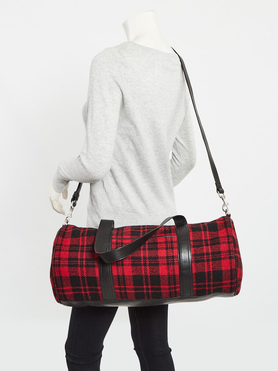 Yves Saint Laurent Red/Black Plaid Wool/Leather Duffle Bag