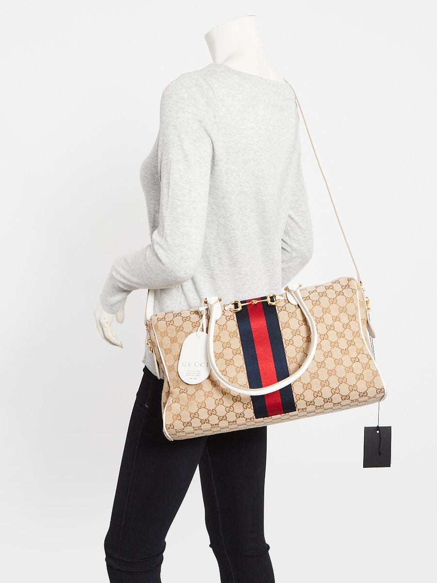 Gucci Beige/White GG Canvas Vintage Web Borsetto Large Boston Bag