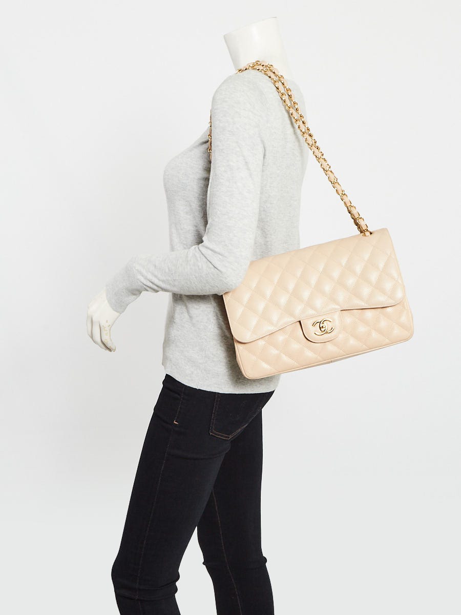 Chanel Beige Clair Quilted Caviar Leather Classic Jumbo Double Flap Bag