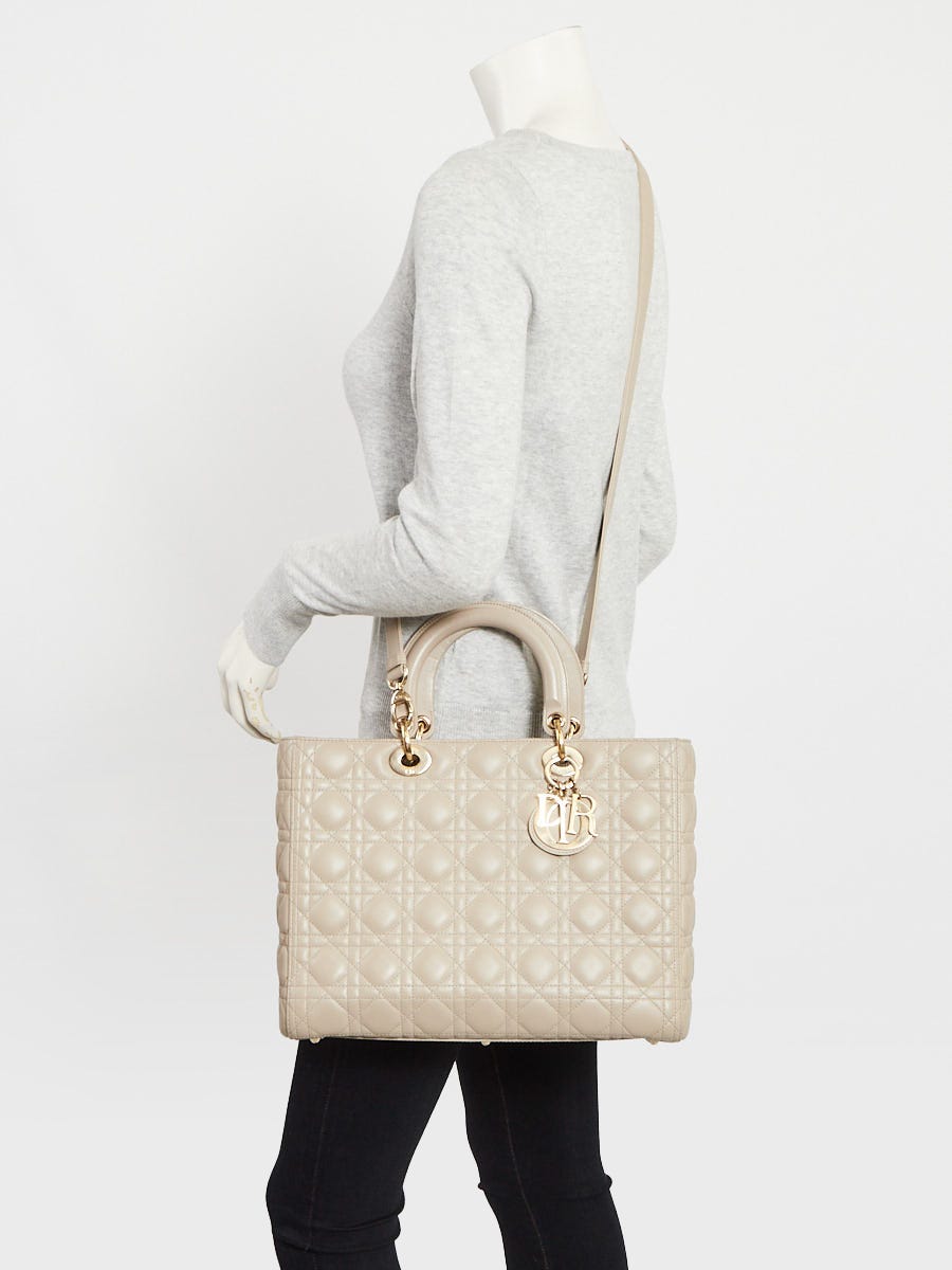 Christian Dior Beige Quilted Cannage Lambskin Leather Large Lady Dior Bag