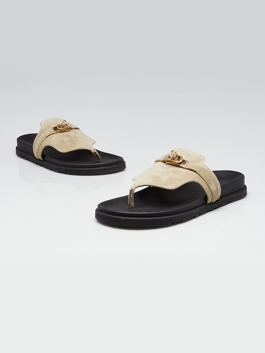 Hermes Vert Toundra Goatskin Suede Empire Sandals Size 7.5/38