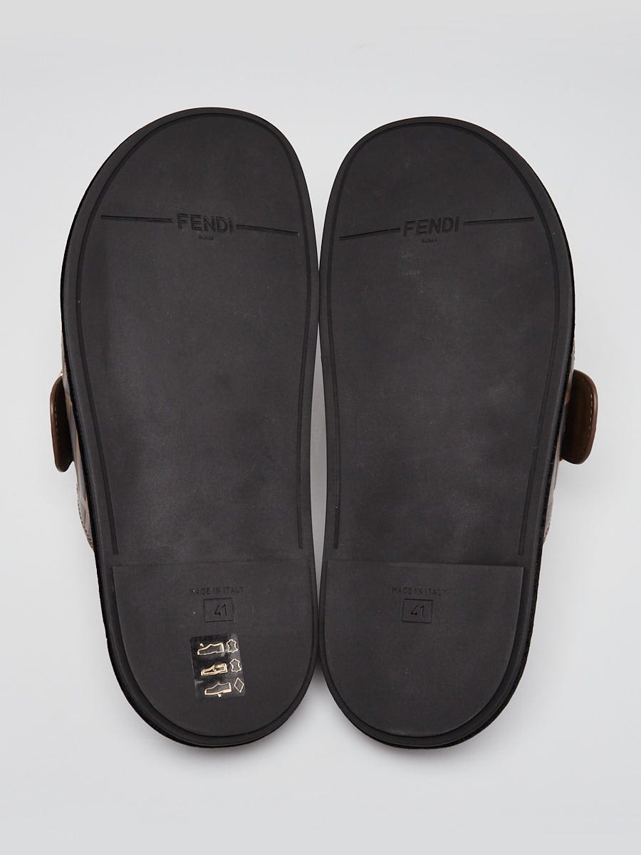Fendi Brown/Black Zucca Embossed Leather Flat Slide Sandals Size