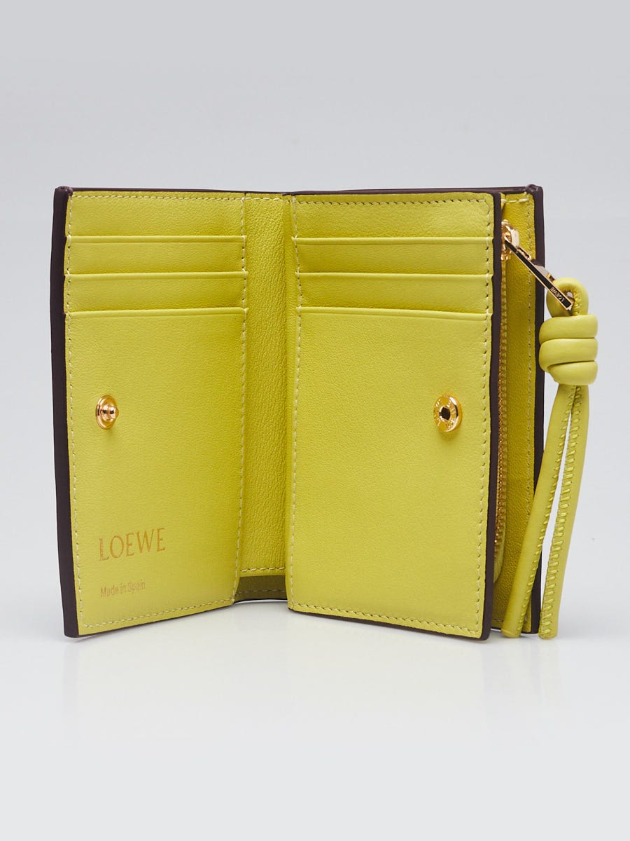 Loewe Burgundy/Lime Green Leather Knot Compact Wallet | Yoogi's Closet