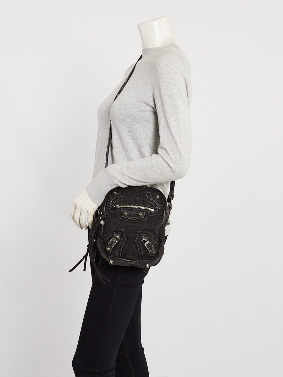 Balenciaga Black Denim Studded Cagole Crossbody Bag