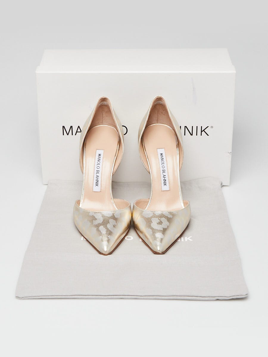 Manolo Blahnik Gold Leopard Print Leather Taylor 105 d'Orsay Pumps
