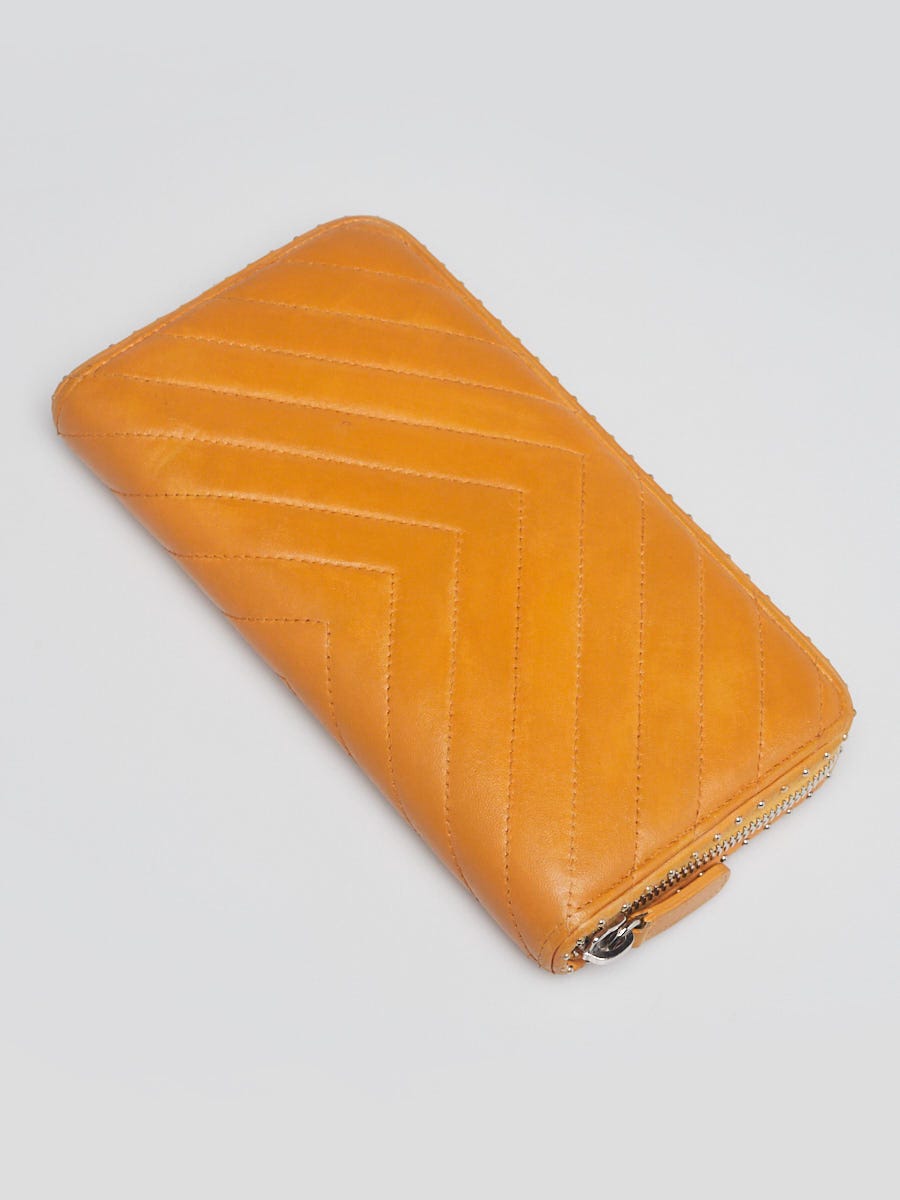 Chanel Yellow Chevron Quilted Calfskin Leather Studded L-Gusset Zippy Wallet