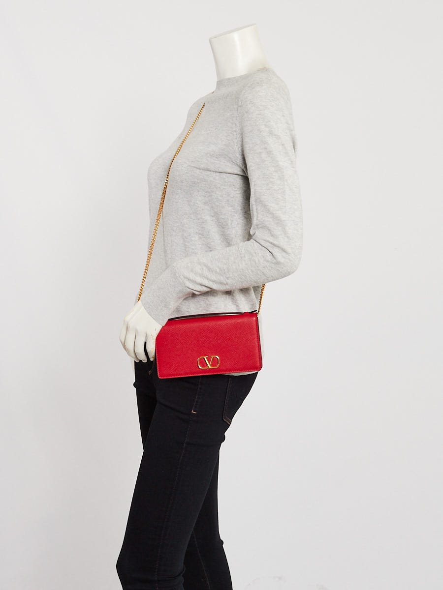 Valentino Red Pebbled Leather VLogo Wallet On Chain Bag