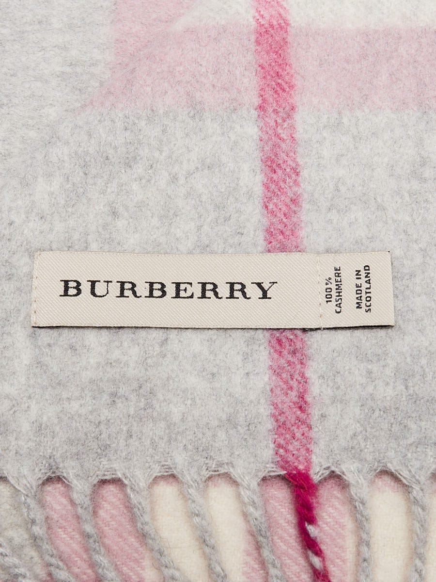 Burberry Grey/Pink Cashmere Check Fringe Scarf