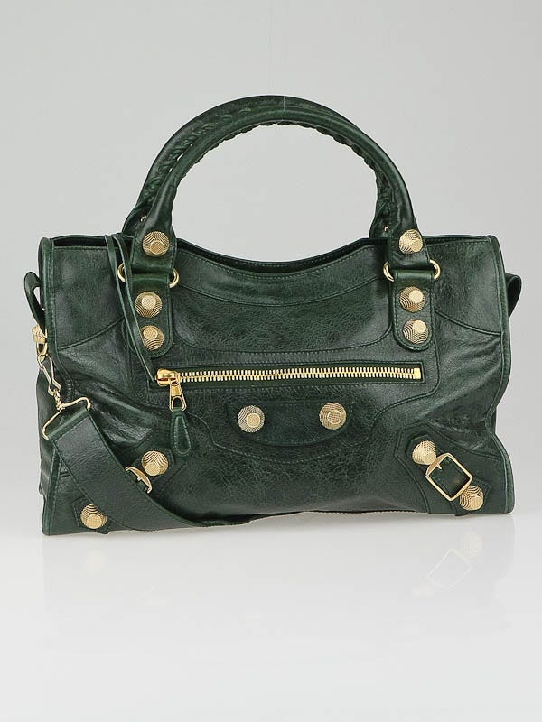 Balenciaga Emerald Lambskin Leather Giant 21 Gold Motorcycle City Bag