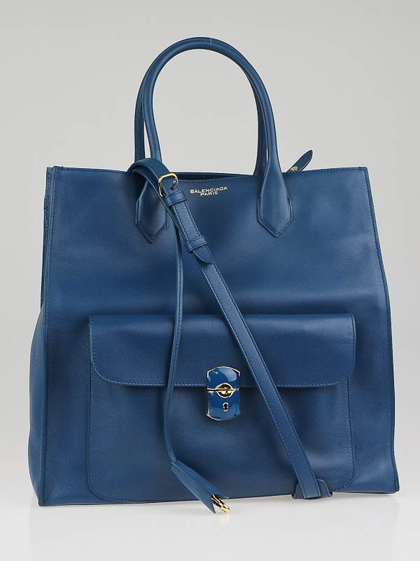 Balenciaga Blue Paon Smooth Calfskin Leather Padlock All Time Tote Bag