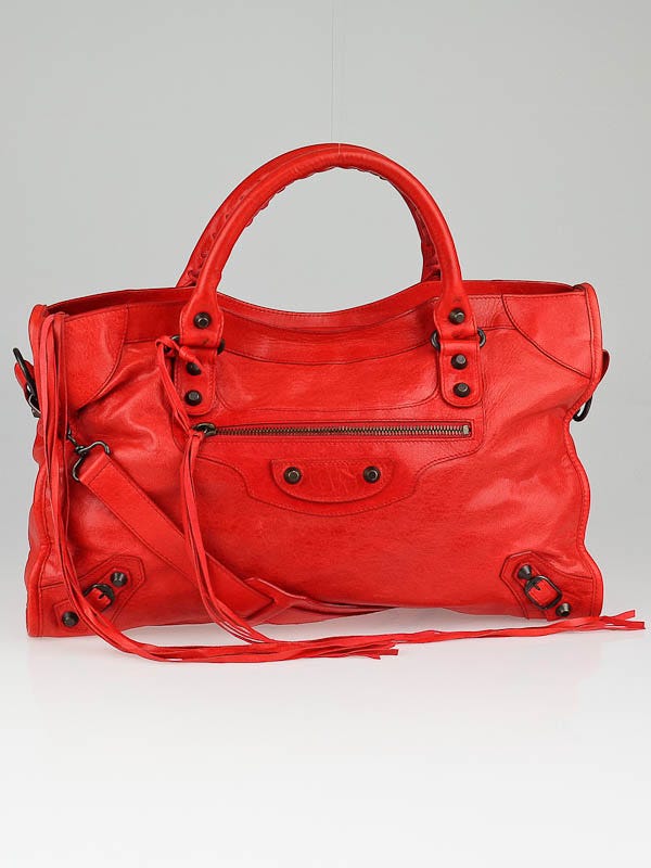 Balenciaga Vermillion Lambskin Leather Motorcycle City Bag