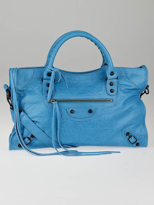 Balenciaga Bleu Paon Lambskin Leather Motorcycle City Bag