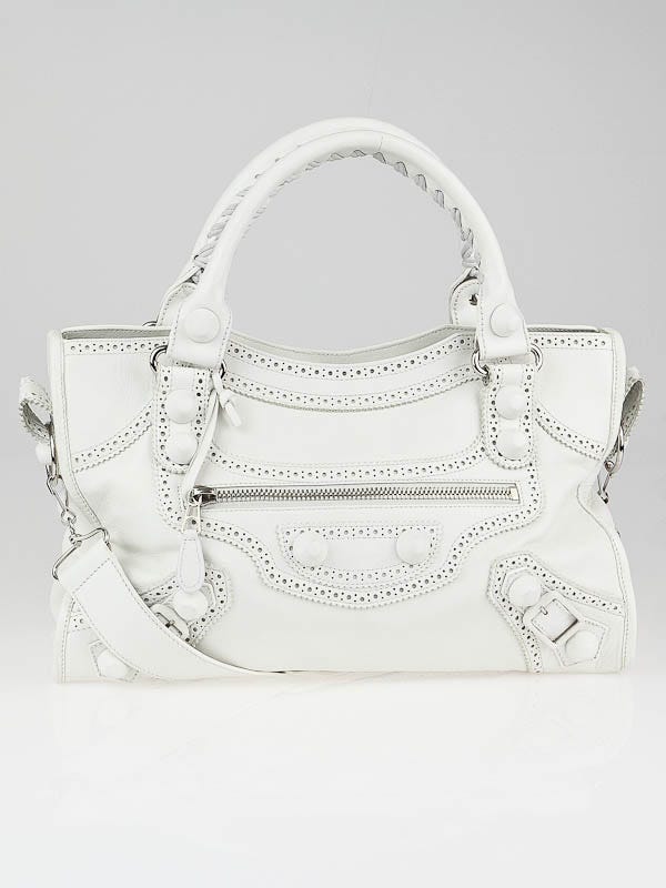 Balenciaga White Leather Giant Brogues Covered Motorcycle City Bag