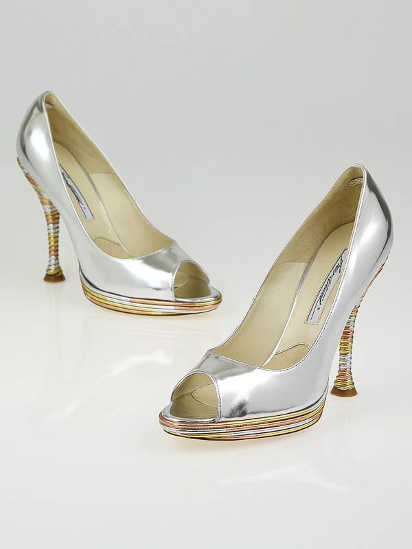 Brian Atwood Silver Leather Harris Platform Peep-Toe Pumps Size 8/38.5