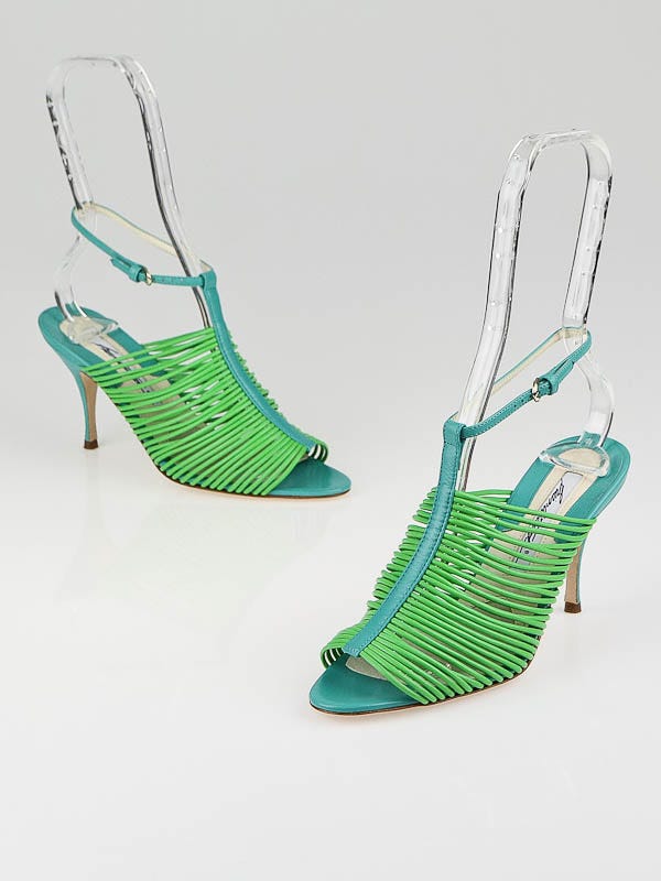 Brian Atwood Green/Blue Leather Kir Multi-strand Sandals Size 5.5/36