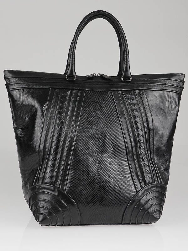 Bottega Veneta Black Karung/Leather Zip-Top Large Tote Bag