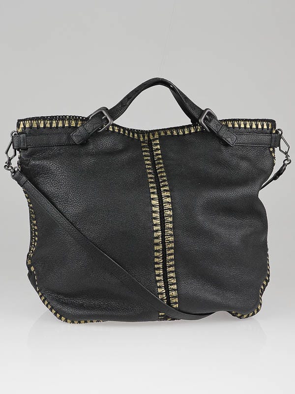 Bottega Veneta Black Leather Embroidered Large Hobo Bag