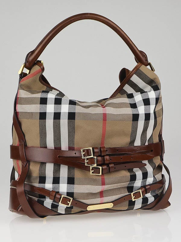 Burberry Brown Nova Check Canvas Medium Bridle Hobo Bag