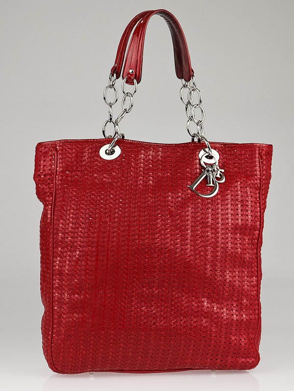 Christian Dior Red Woven Leather Lady Dior Large Tote Bag