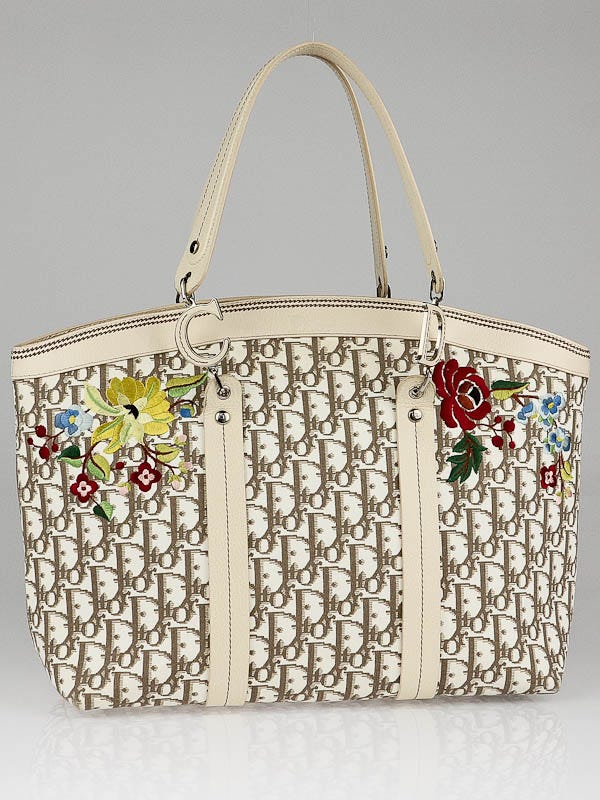 Christian Dior Beige Diorissimo Canvas Embroidered Flowers Large Tote Bag