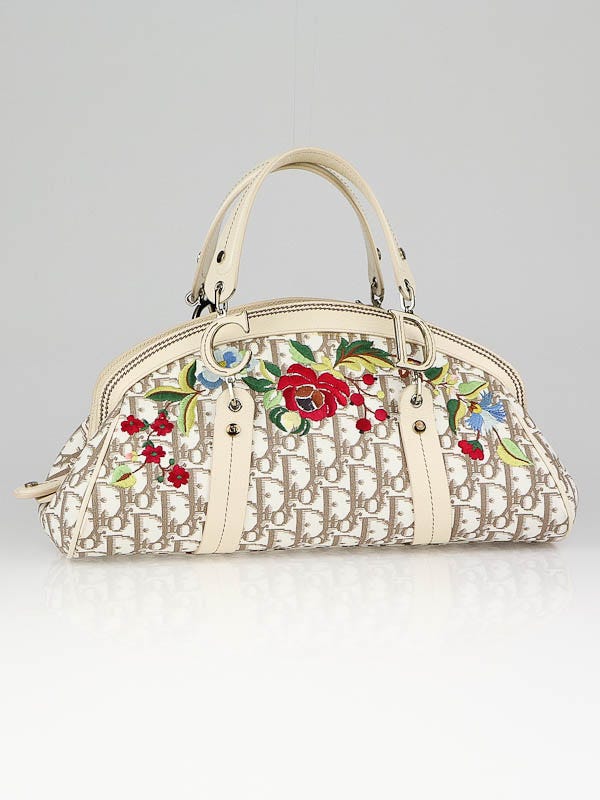Christian Dior Beige Diorissimo Embroidered Flowers Frame Satchel Bag