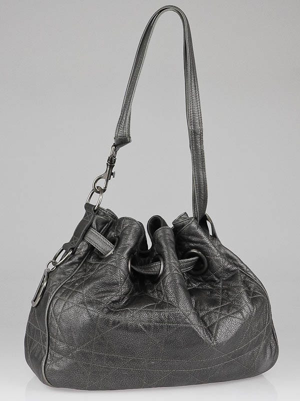 Christian Dior Grey Cannage Quilted Leather Drawstring Tote Bag