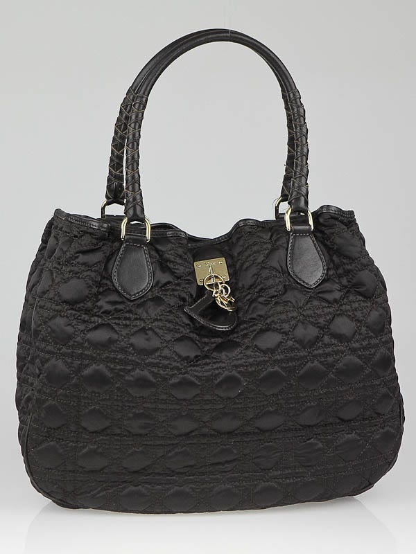 Christian Dior Black Quilted Cannage Silk Medium Tote Bag