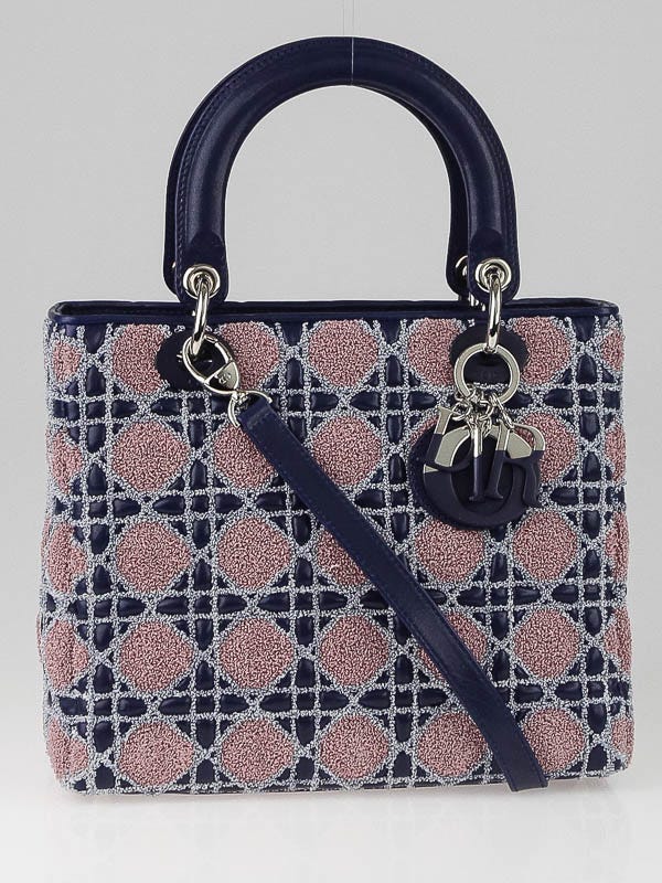 Christian Dior Sapphire Multicolor Woven Cannage Quilted Tweed/Leather Medium Lady Dior Tote Bag