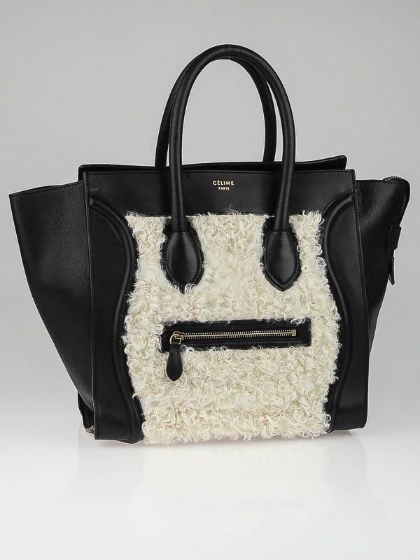 Celine Black Leather and Shearling Mini Luggage Tote Bag