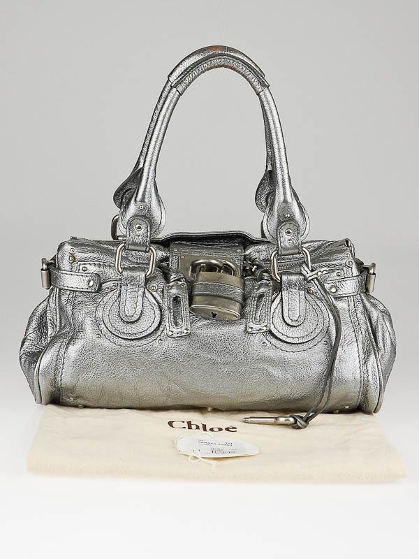 Chloe Silver Metallic Leather Medium Paddington Satchel Bag